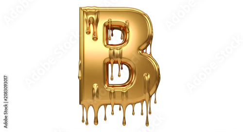 Golden letter B with melted chocolate drips on surface transparent background