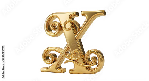 Golden ornate letter X with swirls and flourishes isolated on white background transparent background