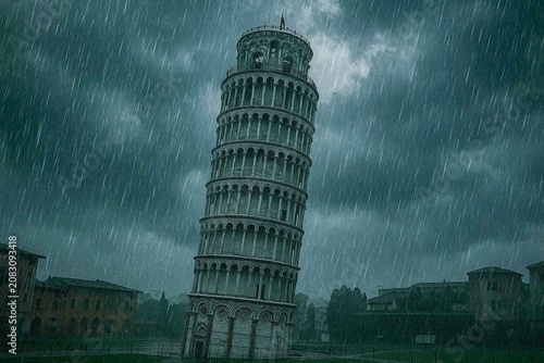 Tower stands in rain with dark clouds above in Pisa, Italy during a storm in the early evening hours