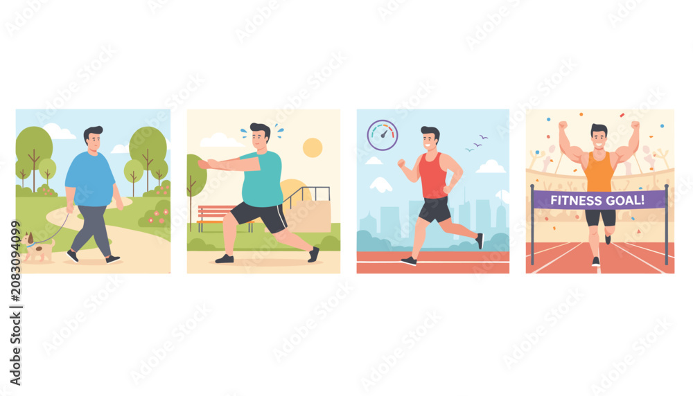 Fototapeta premium Motivational fitness journey graphic detailing a man's progress from walking his dog to running and achieving his muscular fitness goal.