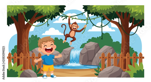 Canvas Print Flat style vector illustration of happy boy watching a playful monkey swinging through trees during a summer zoo visit