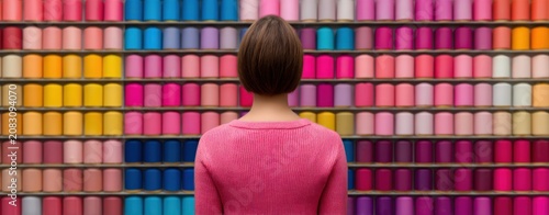 Woman in pink sweater standing before vibrant wall of colorful yarn spools in textile shop for creative craft and knitting inspiration