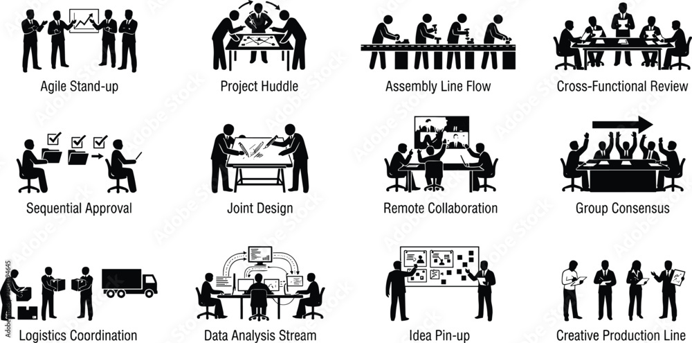 Obraz premium A collection of professional illustrating various business workflow processes, including agile stand-ups, project collaboration, team logistics, and data analysis strategies