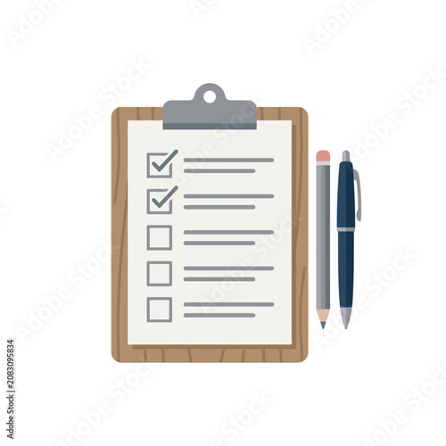 Office clipboard with checklist and stationery pens.