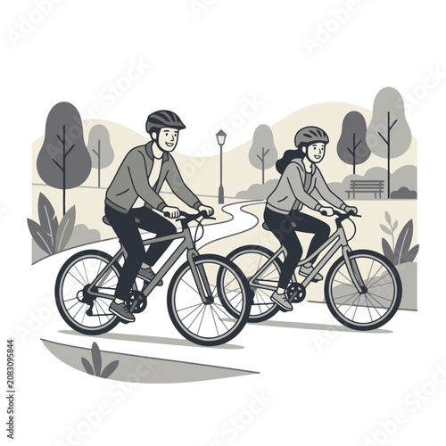 Man and woman riding bicycles on park path