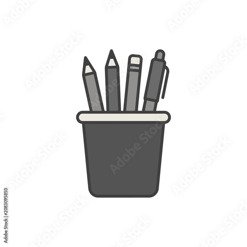 Office supplies including pens and pencils in cup.