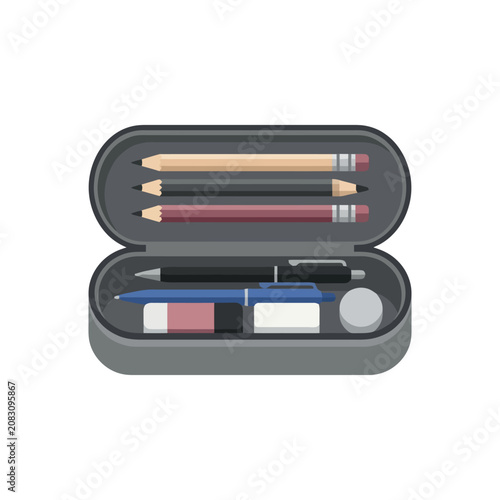Open pencil case filled with school and office supplies.
