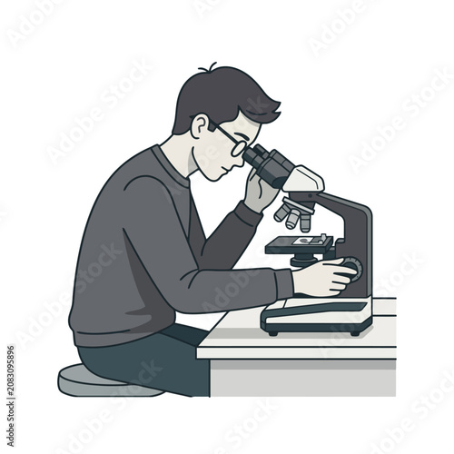 Scientist examining specimen through a laboratory microscope.