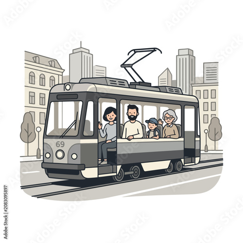 People commuting on a vintage city tram streetcar.