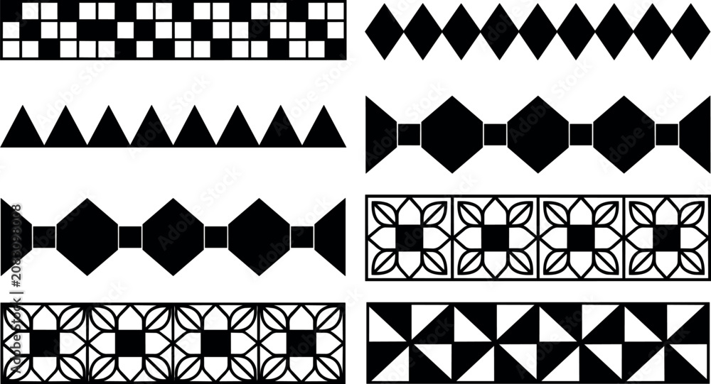 Fototapeta premium Black and white geometric repeat patterns with squares triangles diamonds and floral motifs