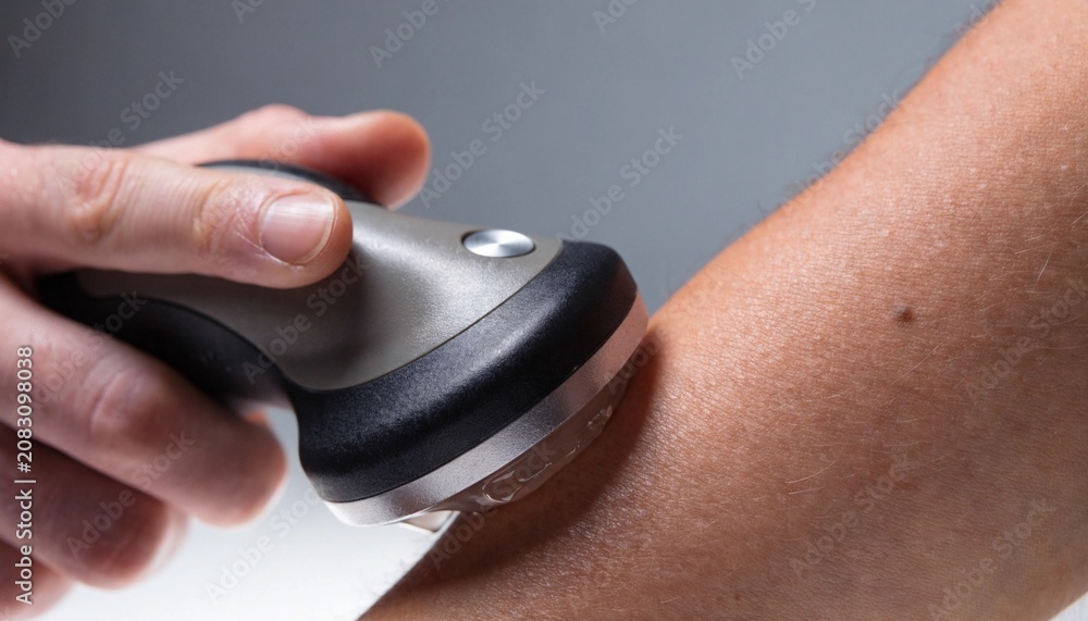 Fototapeta premium A handheld ultrasound therapy device glides over a person's forearm during a wellness treatment, useful for healthcare, rehabilitation, or skincare promotion.