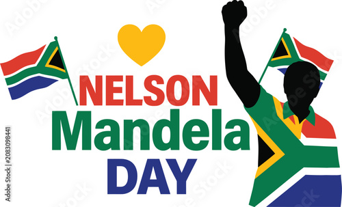 Fotografía Nelson Mandela Day inspirational illustration with heart raised fist waving flag