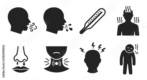 Schilderij op canvas Illness Icons Set Black Silhouettes Depicting Symptoms Like Coughing Fever And S