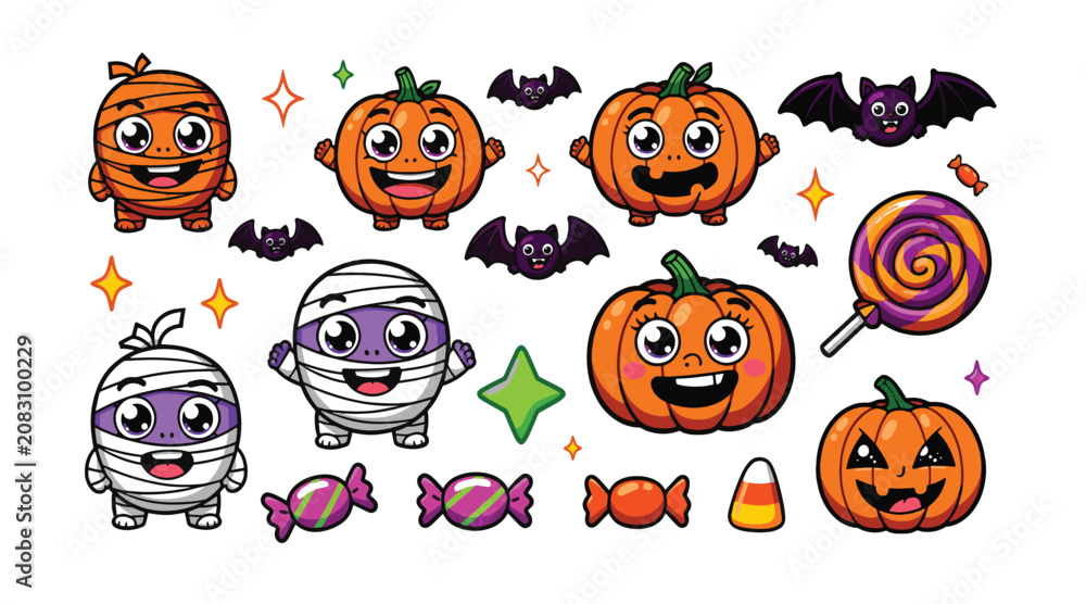Fototapeta premium Cute Halloween characters including pumpkins, mummies, bats, and candy create a festive and fun holiday celebration