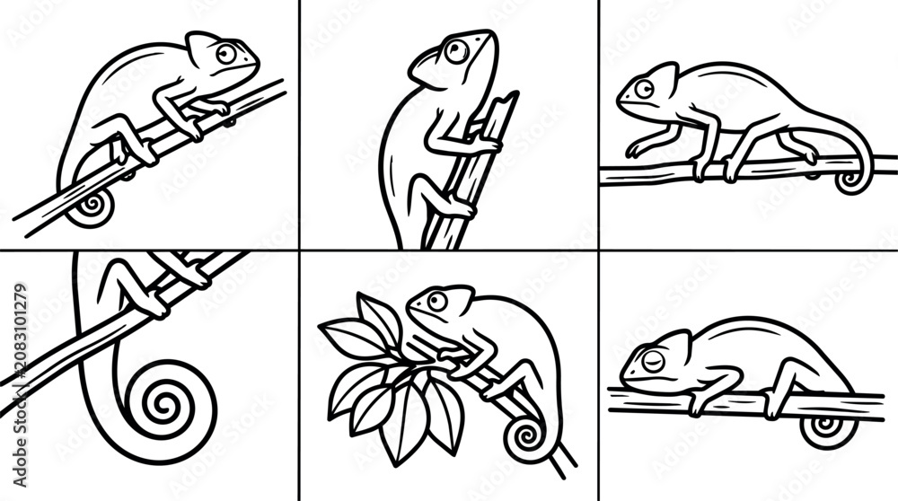 Obraz premium Black and white line art chameleon climbing and resting on branches