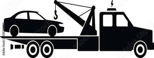 Foto A black silhouette of a tow truck carrying a sedan car on its flatbed, isolated