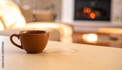 Brown ceramic cup on light surface, warm liquid poured in, ripple forming, blurred fireplace and furniture in background, cozy indoor atmosphere with soft lighting.