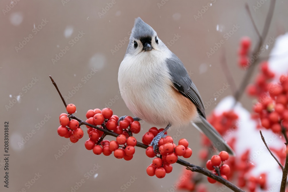 Fototapeta premium The Titmouse Perched On a Snowy Branch Beside Bright Red Berries