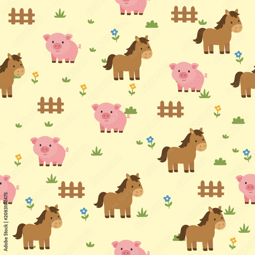 Fototapeta premium Seamless vector background with cartoon horses, pigs, and fences. Ideal for children's textiles, wallpaper, and wrapping paper.
