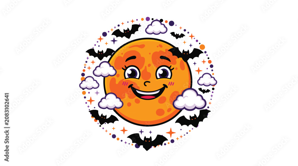 Fototapeta premium Cute smiling Halloween moon character surrounded by flying bats and fluffy clouds on a festive night