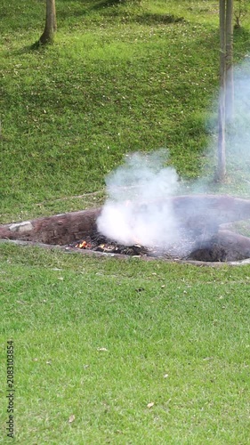Small bonfire burning inside a unique heart shaped ground hole surrounded by green lawn.