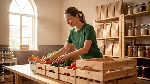 community volunteer work, a dedicated volunteer sorts fresh vegetables in a sunlit community hall