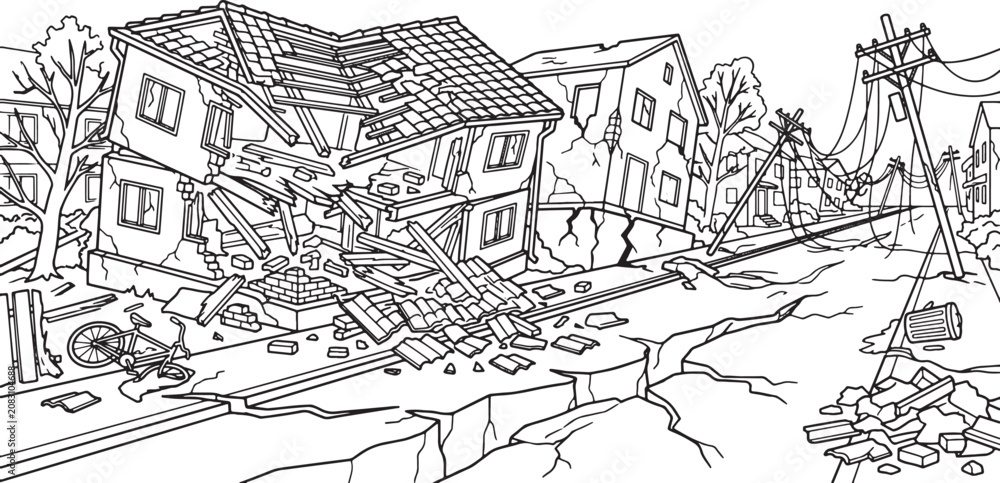 Fototapeta premium Earthquake aftermath with collapsed buildings and cracked ground