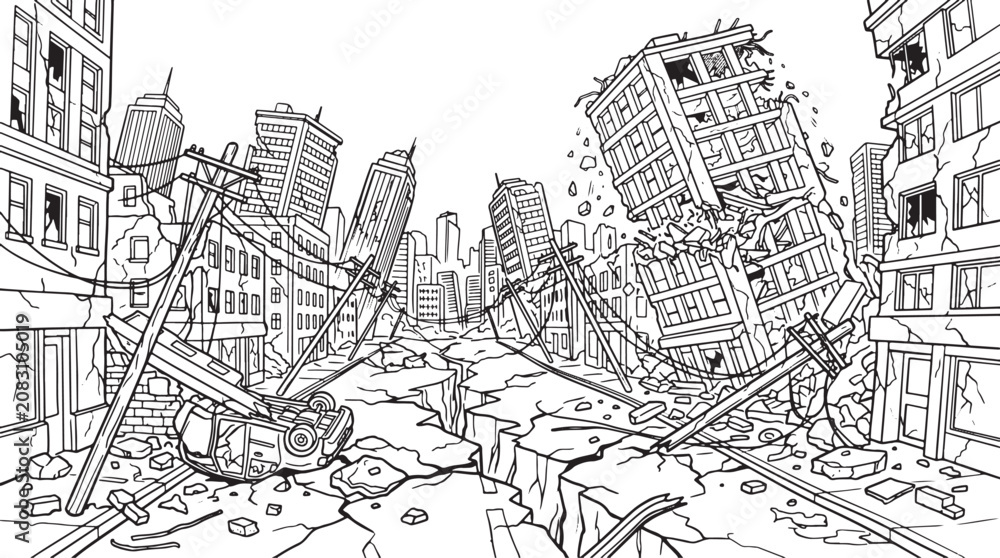 Obraz premium Post-apocalyptic cityscape with ruined buildings and cracked ground