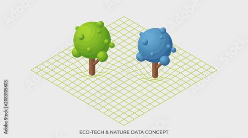 Wire grid trees growing upward on a futuristic eco-tech grid landscape