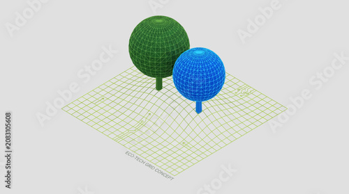 Wire grid trees growing upward on a grid surface with two colored spheres