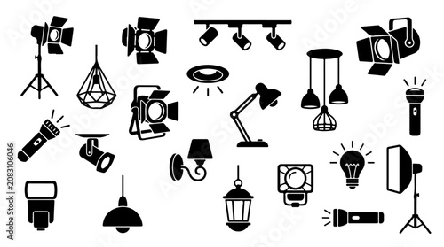 Photography Lighting equipment illustration featuring lamps, spotlights, and fixtures symbol