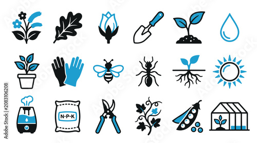 Tableau sur toile Gardening and plant care illustration featuring tools, plants, and insects symbo
