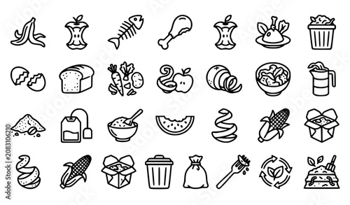 Obraz na plátně Food Waste Icons Black and White Vector Collection