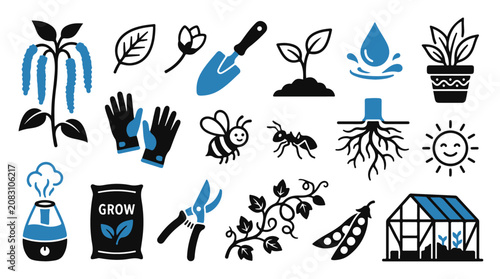 Slika na platnu Gardening and plant care illustration featuring tools, plants, and insects symbo