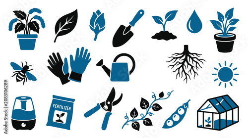 Canvastavla Gardening and plant care illustration featuring tools, plants, and insects symbo