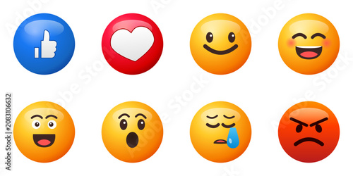 Emojis and social media reaction icons on white background