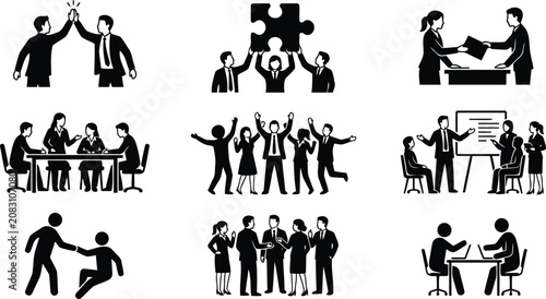 Business Collaboration and Teamwork Silhouette Icons with Handshake, Puzzle, Meeting and Leadership