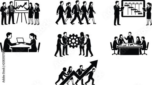 Business Teamwork Silhouette Icon Collection Featuring Meeting, Presentation, Partnership and Collaboration