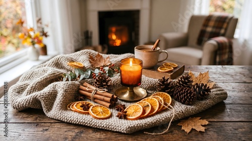 A cozy and warm autumn setting on a rustic wooden table featuring a lit scented candle in a glass holder
