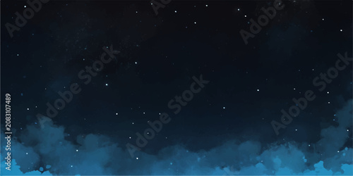Abstract Blue Night Galaxy Seen Through Rainy Window with Snow Falling Over City Skyline Starry Nebula Cosmos Background with Water Droplets and Glowing Space Light