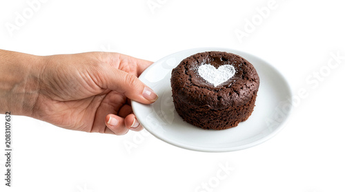 Hand Holding Plate with Chocolate Fondant Cake: Heart Shaped Powdered Sugar Design Isolated on Transparent Background