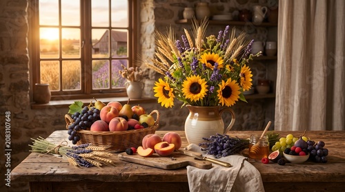 A warm and cozy rustic still life on a wooden table in a farmhouse kitchen, featuring a beautiful bouquet of sunflowers, lavender, and wheat stalks in a ceramic jug