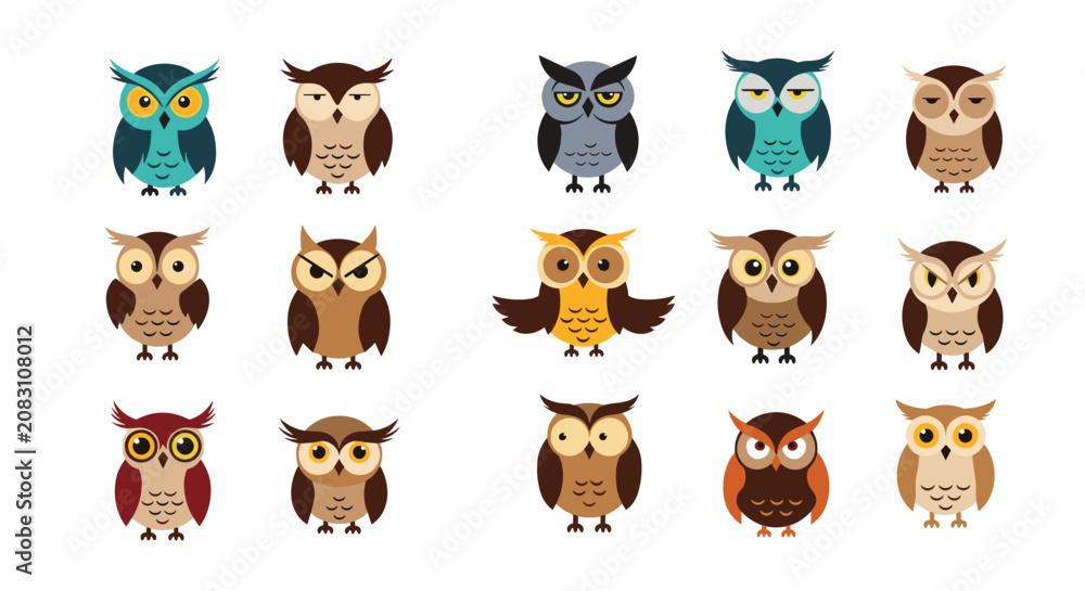Obraz premium Diverse set of cartoon owl characters shows different colors, sizes, and facial expressions ranging from sleepy to angry.