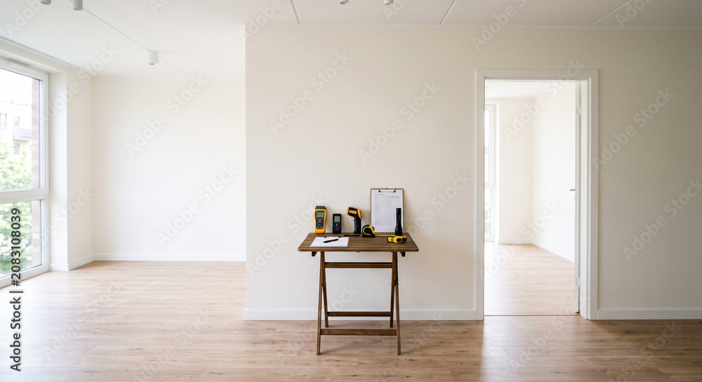Fototapeta premium Wide empty living room with wood flooring, open doorway, and inspection instruments displayed on a small table against a white wall