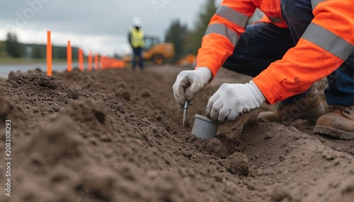 Construction worker taking soil sample at outdoor site with construction engineering development infrastructure