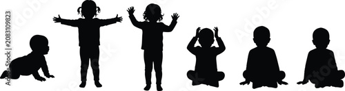 Baby silhouettes, toddler vector clipart, crawling infant outlines, sitting child shadow, playing kids shapes, baby poses graphic, children silhouette design