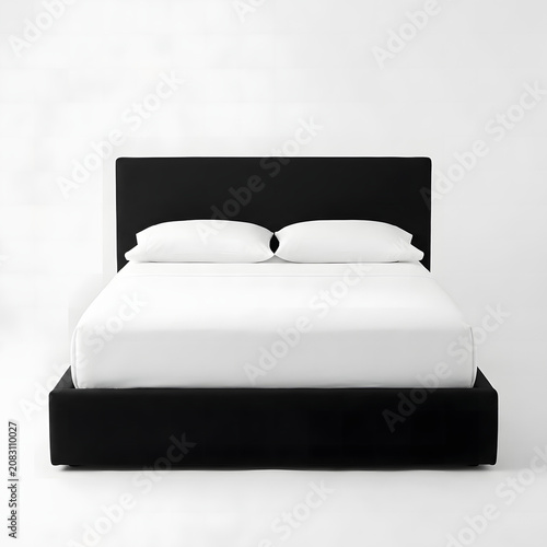 Modern minimalist black bed frame with soft white pillows and crisp sheets in bright studio lighting