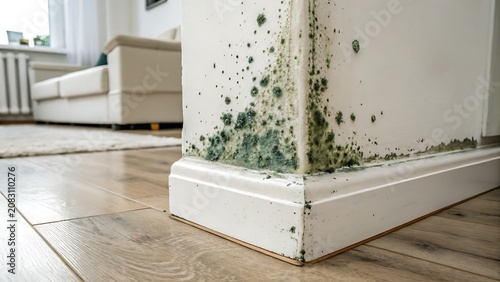 Black mold growing on interior white wall corner in living room with interior moisture renovation building wallboard