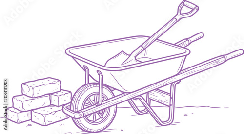 Photos Line art illustration of a wheelbarrow, shovel, and stacked stone building mater