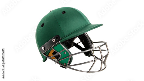 Obraz na plátně Professional dark green baseball batting or cricket helmet with grill isolated o